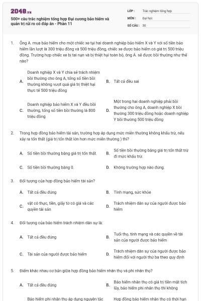 500+ câu trắc nghiệm tổng hợp Đại cương bảo hiểm và quản trị rủi ro có đáp án - Phần 11