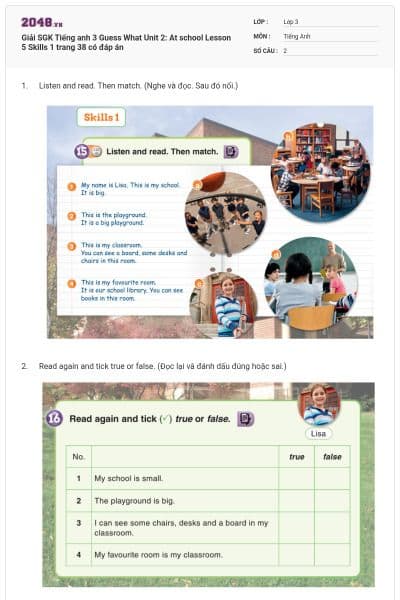 Giải SGK Tiếng anh 3 Guess What Unit 2: At school Lesson 5 Skills 1 trang 38 có đáp án