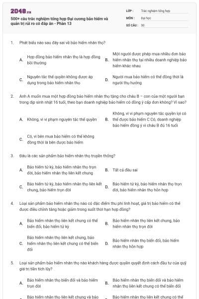 500+ câu trắc nghiệm tổng hợp Đại cương bảo hiểm và quản trị rủi ro có đáp án - Phần 13