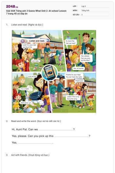 Giải SGK Tiếng anh 3 Guess What Unit 2: At school Lesson 7 trang 40 có đáp án