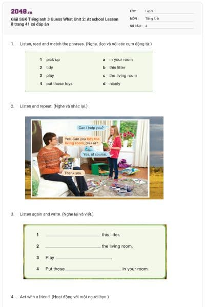Giải SGK Tiếng anh 3 Guess What Unit 2: At school Lesson 8 trang 41 có đáp án