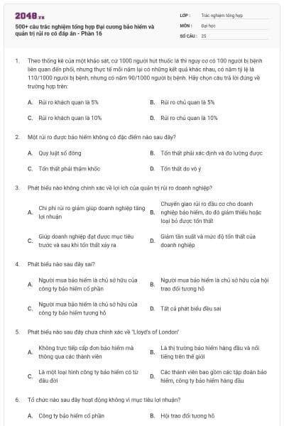 500+ câu trắc nghiệm tổng hợp Đại cương bảo hiểm và quản trị rủi ro có đáp án - Phần 16