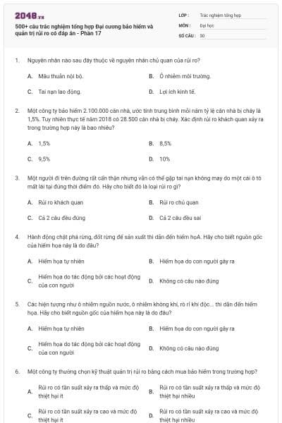 500+ câu trắc nghiệm tổng hợp Đại cương bảo hiểm và quản trị rủi ro có đáp án - Phần 17