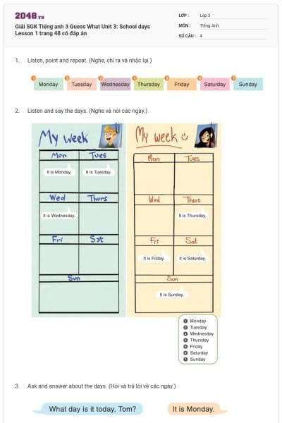 Giải SGK Tiếng anh 3 Guess What Unit 3: School days Lesson 1 trang 48 có đáp án
