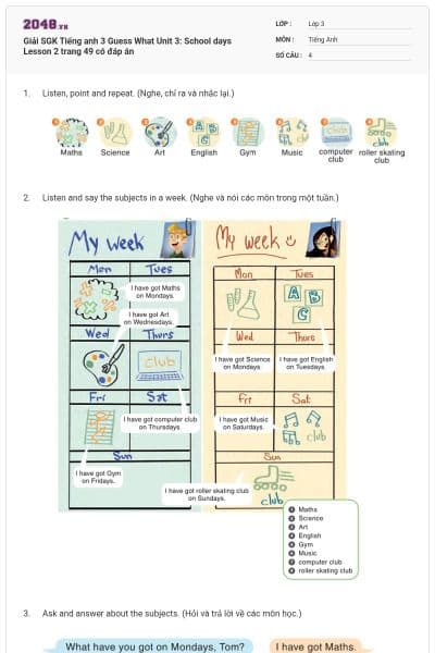 Giải SGK Tiếng anh 3 Guess What Unit 3: School days Lesson 2 trang 49 có đáp án