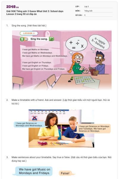 Giải SGK Tiếng anh 3 Guess What Unit 3: School days Lesson 3 trang 50 có đáp án