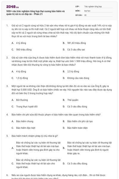 500+ câu trắc nghiệm tổng hợp Đại cương bảo hiểm và quản trị rủi ro có đáp án - Phần 21