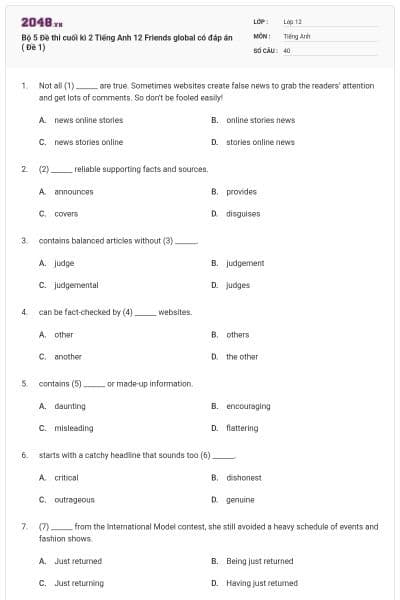 Bộ 5 Đề thi cuối kì 2 Tiếng Anh 12 Friends global có đáp án ( Đề 1)