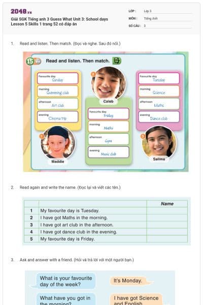Giải SGK Tiếng anh 3 Guess What Unit 3: School days Lesson 5 Skills 1 trang 52 có đáp án