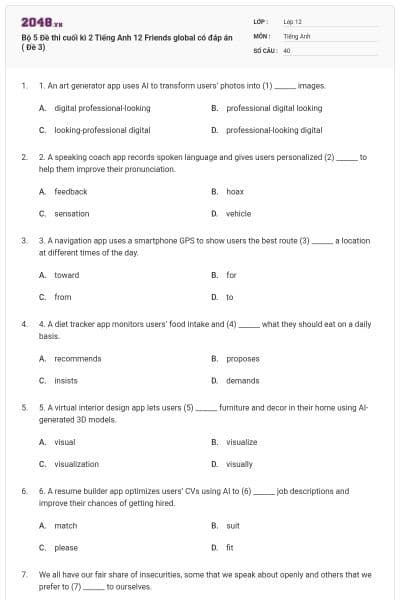 Bộ 5 Đề thi cuối kì 2 Tiếng Anh 12 Friends global có đáp án ( Đề 3)