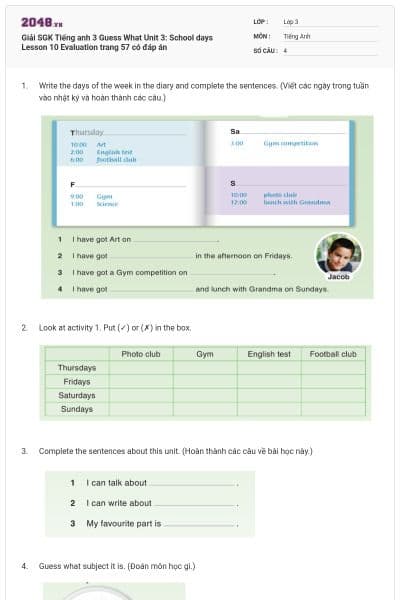 Giải SGK Tiếng anh 3 Guess What Unit 3: School days Lesson 10 Evaluation trang 57 có đáp án