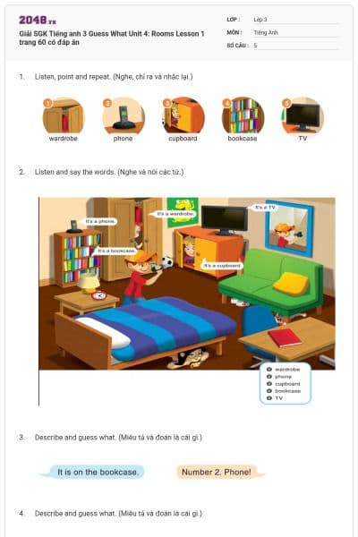Giải SGK Tiếng anh 3 Guess What Unit 4: Rooms Lesson 1 trang 60 có đáp án