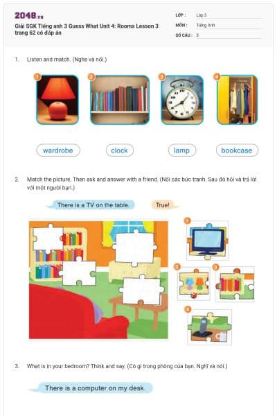 Giải SGK Tiếng anh 3 Guess What Unit 4: Rooms Lesson 3 trang 62 có đáp án