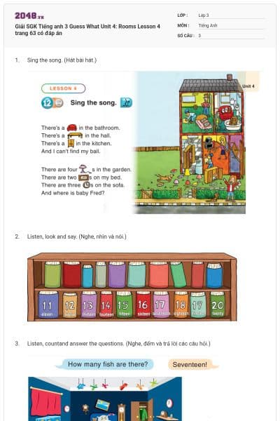 Giải SGK Tiếng anh 3 Guess What Unit 4: Rooms Lesson 4 trang 63 có đáp án