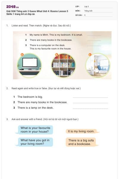 Giải SGK Tiếng anh 3 Guess What Unit 4: Rooms Lesson 5 Skills 1 trang 64 có đáp án