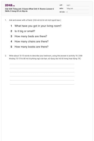 Giải SGK Tiếng anh 3 Guess What Unit 4: Rooms Lesson 6 Skills 3 trang 65 có đáp án