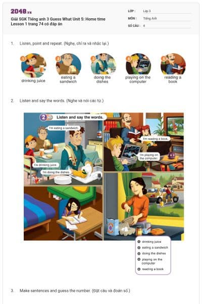 Giải SGK Tiếng anh 3 Guess What Unit 5: Home time Lesson 1 trang 74 có đáp án