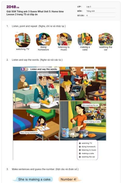 Giải SGK Tiếng anh 3 Guess What Unit 5: Home time Lesson 2 trang 75 có đáp án