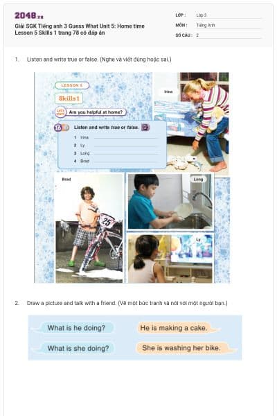 Giải SGK Tiếng anh 3 Guess What Unit 5: Home time Lesson 5 Skills 1 trang 78 có đáp án
