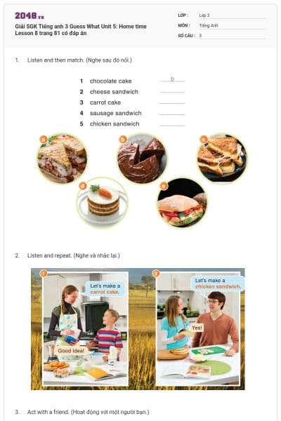 Giải SGK Tiếng anh 3 Guess What Unit 5: Home time Lesson 8 trang 81 có đáp án