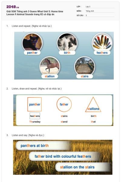 Giải SGK Tiếng anh 3 Guess What Unit 5: Home time Lesson 9 Animal Sounds trang 82 có đáp án