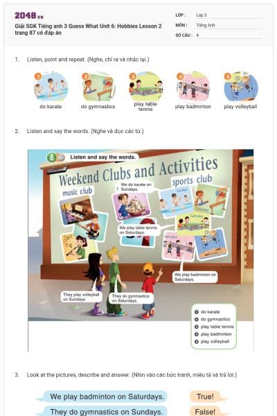 Giải SGK Tiếng anh 3 Guess What Unit 6: Hobbies Lesson 2 trang 87 có đáp án