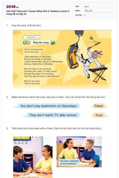 Giải SGK Tiếng anh 3 Guess What Unit 6: Hobbies Lesson 3 trang 88 có đáp án