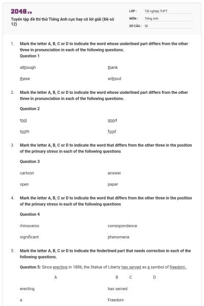 Tuyển tập đề thi thử Tiếng Anh cực hay có lời giải (Đề số 12)