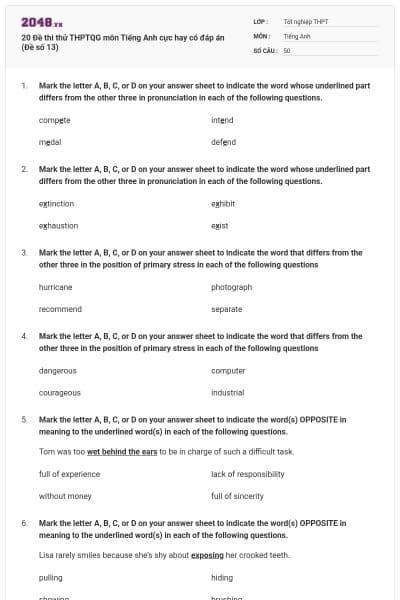 20 Đề thi thử THPTQG môn Tiếng Anh cực hay có đáp án (Đề số 13)