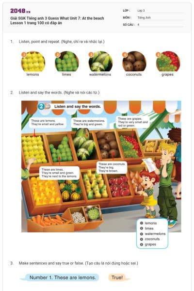 Giải SGK Tiếng anh 3 Guess What Unit 7: At the beach Lesson 1 trang 100 có đáp án