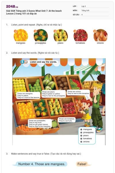 Giải SGK Tiếng anh 3 Guess What Unit 7: At the beach Lesson 2 trang 101 có đáp án