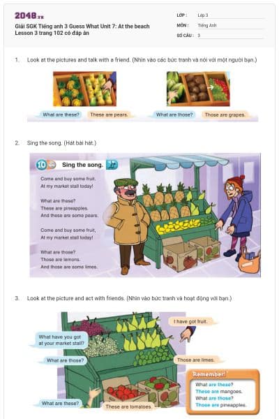 Giải SGK Tiếng anh 3 Guess What Unit 7: At the beach Lesson 3 trang 102 có đáp án