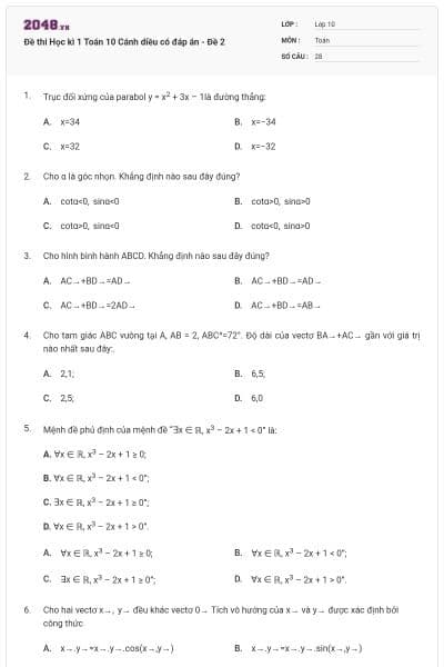 Đề thi Học kì 1 Toán 10 Cánh diều có đáp án - Đề 2