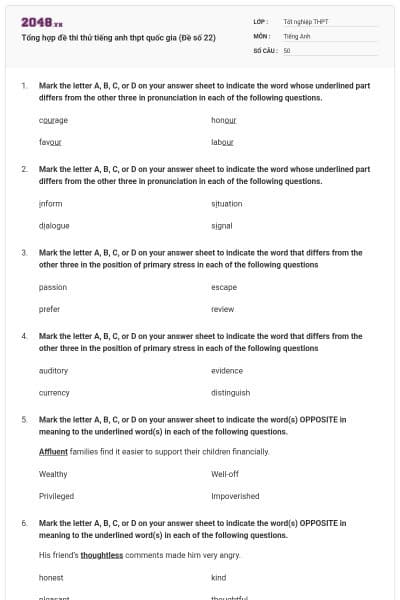Tổng hợp đề thi thử tiếng anh thpt quốc gia (Đề số 22)