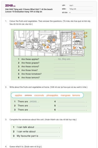 Giải SGK Tiếng anh 3 Guess What Unit 7: At the beach Lesson 10 Evaluation trang 109 có đáp án