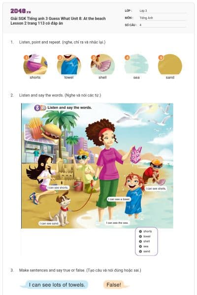 Giải SGK Tiếng anh 3 Guess What Unit 8: At the beach Lesson 2 trang 113 có đáp án