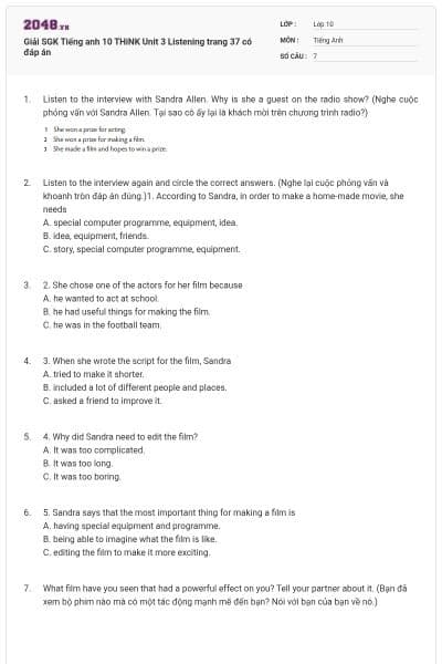 Giải SGK Tiếng anh 10 THiNK Unit 3 Listening trang 37 có đáp án