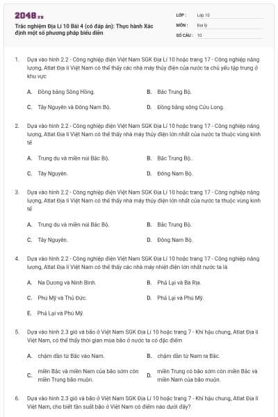 Trắc nghiệm Địa Lí 10 Bài 4 (có đáp án): Thực hành Xác định một số phương pháp biểu diễn