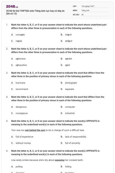 20 Đề thi thử THPTQG môn Tiếng Anh cực hay có đáp án (Đề số 13)