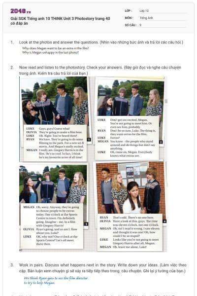 Giải SGK Tiếng anh 10 THiNK Unit 3 Photostory trang 40 có đáp án