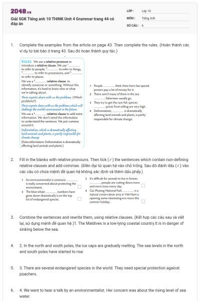 Giải SGK Tiếng anh 10 THiNK Unit 4 Grammar trang 44 có đáp án