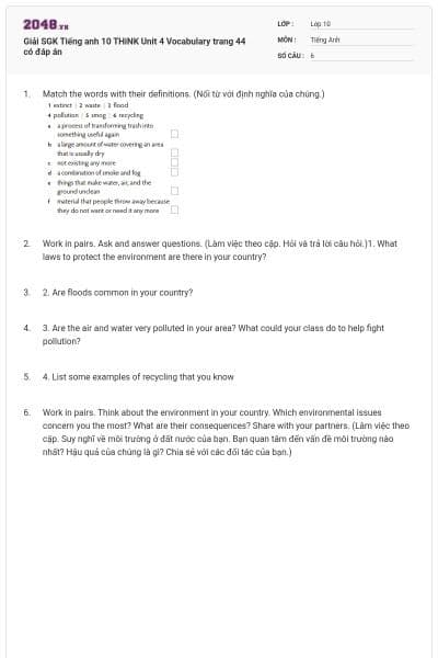 Giải SGK Tiếng anh 10 THiNK Unit 4 Vocabulary trang 44 có đáp án