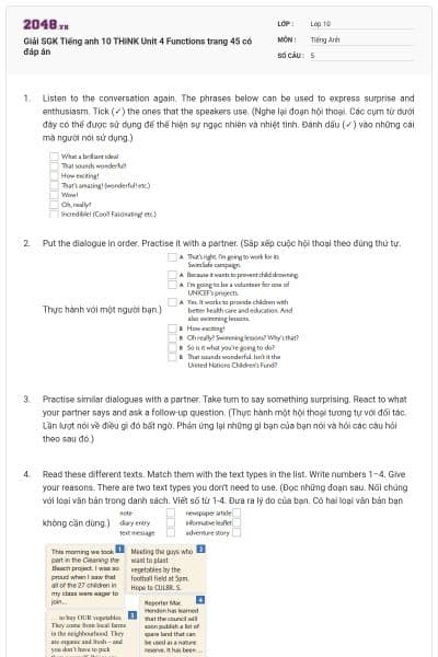 Giải SGK Tiếng anh 10 THiNK Unit 4 Functions trang 45 có đáp án