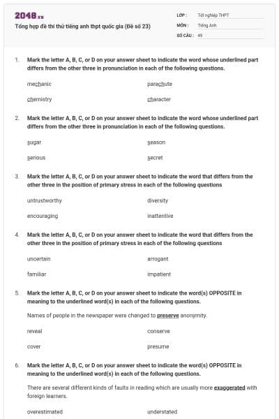 Tổng hợp đề thi thử tiếng anh thpt quốc gia (Đề số 23)