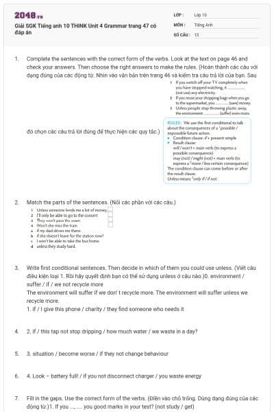 Giải SGK Tiếng anh 10 THiNK Unit 4 Grammar trang 47 có đáp án