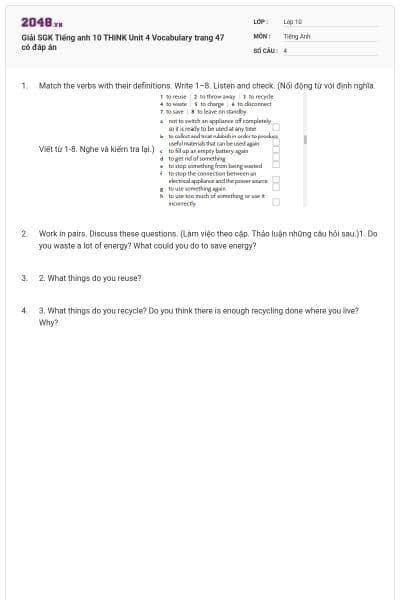 Giải SGK Tiếng anh 10 THiNK Unit 4 Vocabulary trang 47 có đáp án