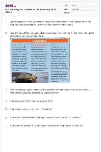 Giải SGK Tiếng anh 10 THiNK Unit 4 Culture trang 48 có đáp án