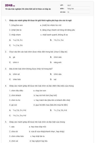 10 câu trắc nghiệm Vè chim Kết nối tri thức có đáp án