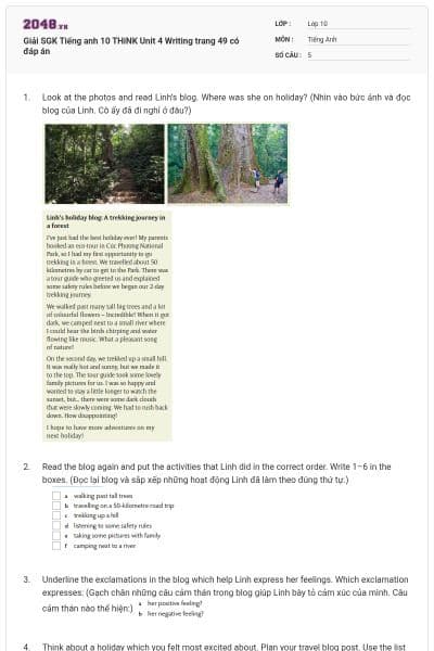 Giải SGK Tiếng anh 10 THiNK Unit 4 Writing trang 49 có đáp án