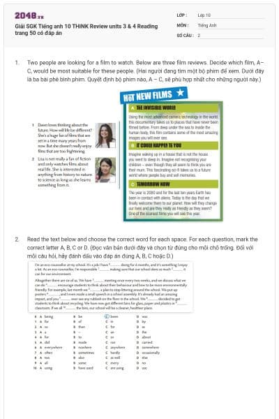 Giải SGK Tiếng anh 10 THiNK Review units 3 & 4 Reading trang 50 có đáp án